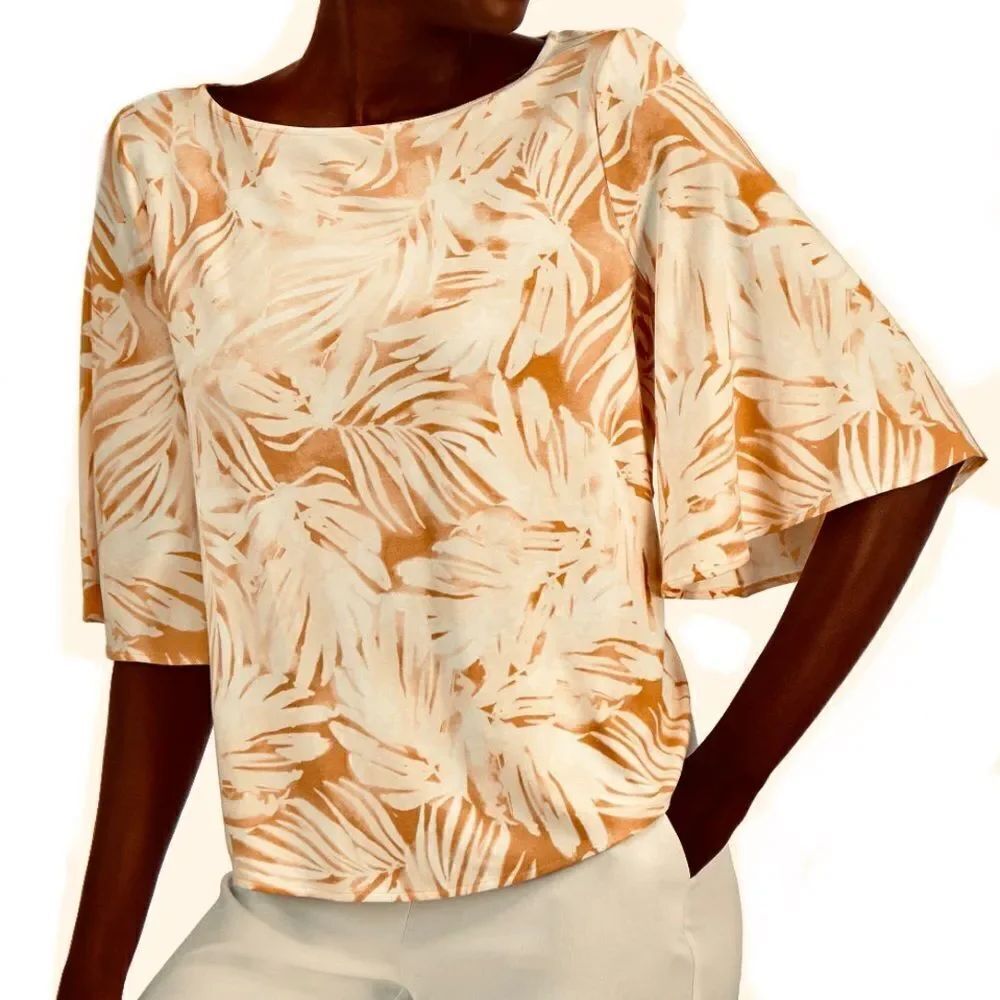 NWT ALFANI 2X Super Stretchy Tan Ivory Yellowish Plants Printed Boat Neck Top